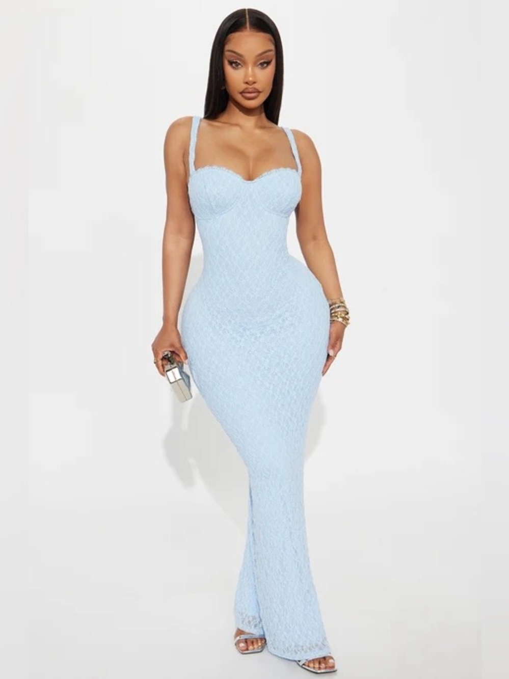 Fashion Nova Powder Blue Lace Bustier Maxi Dress